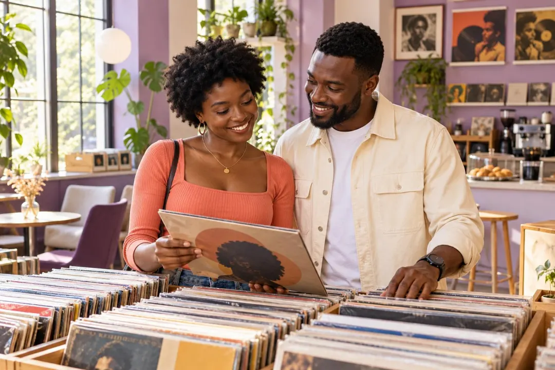 A woman and a man smiling as they look through records in a sunlit record shop.
