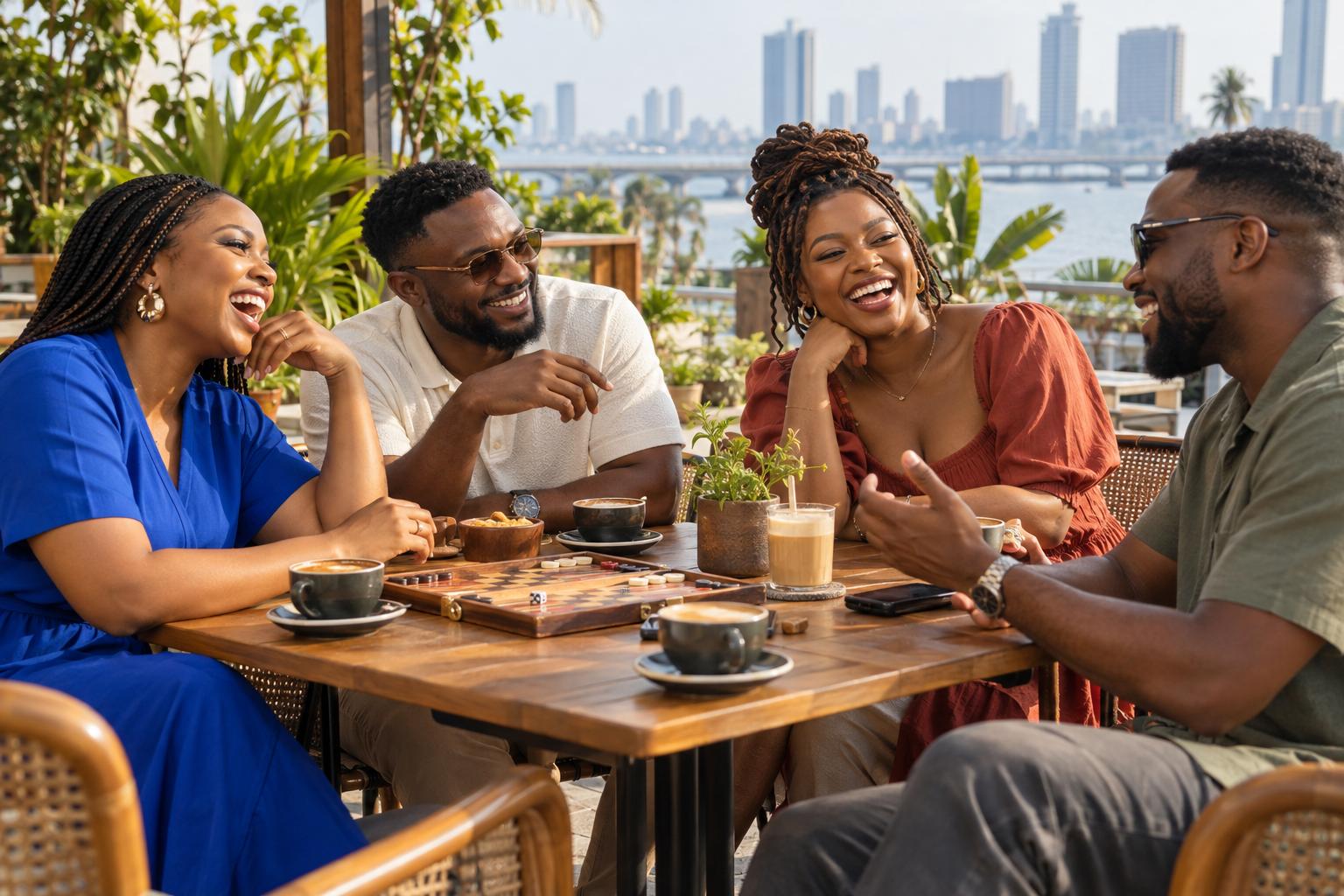 Four friends laughing together around a cafe table on a sunny rooftop terrace.