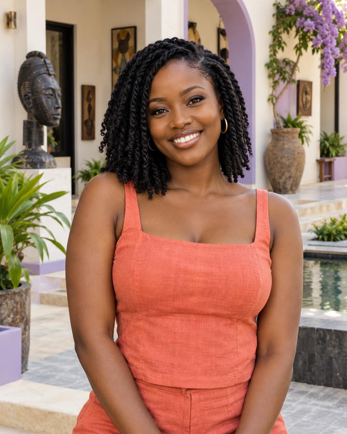A smiling woman with twisted black hair in an orange top, standing in a sunlit courtyard.