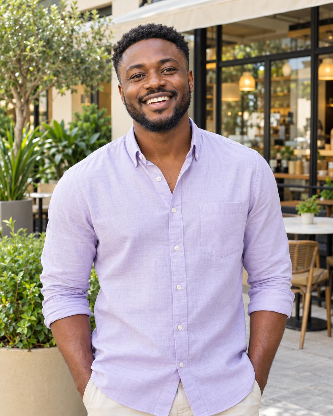 A smiling man in a lilac shirt standing outside a cafe.