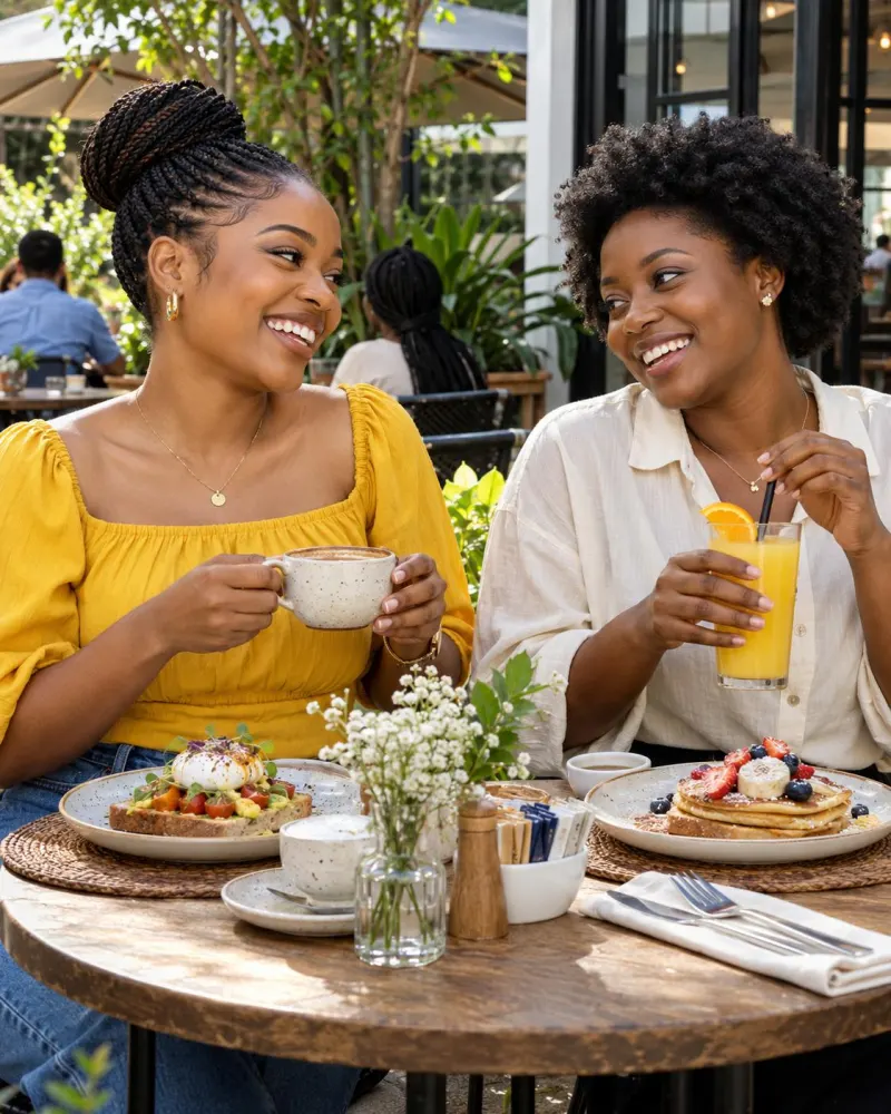 Two women laughing over coffee and breakfast at an outdoor cafe table.