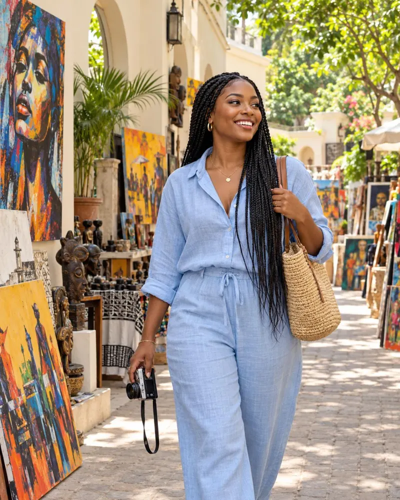 A woman in a pale blue outfit walking down a sunny street lined with paintings.