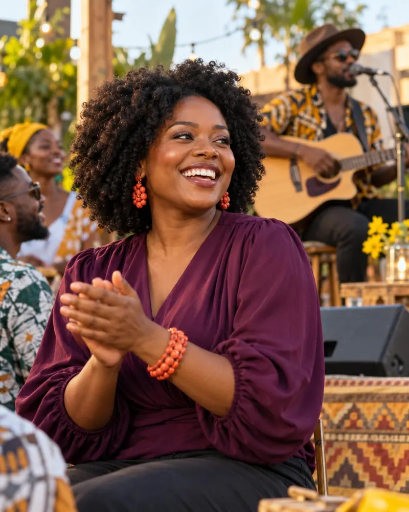 A woman in a plum top smiling and clapping at an outdoor music performance.