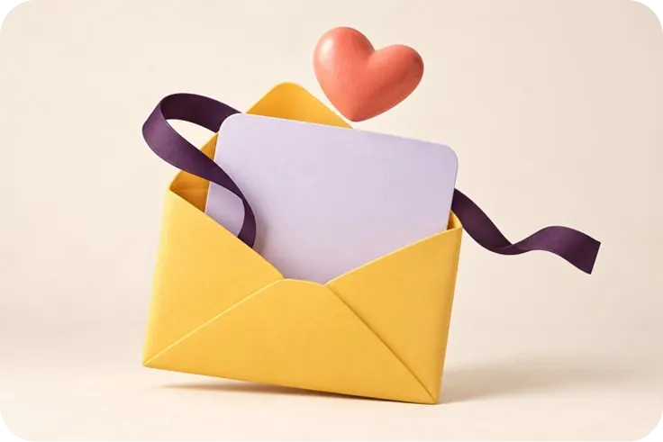 A yellow envelope with a lilac letter and a purple ribbon, and a coral heart floating above it.