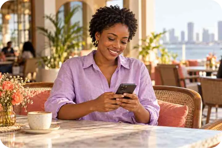 A smiling woman looking at her phone at a café table.
