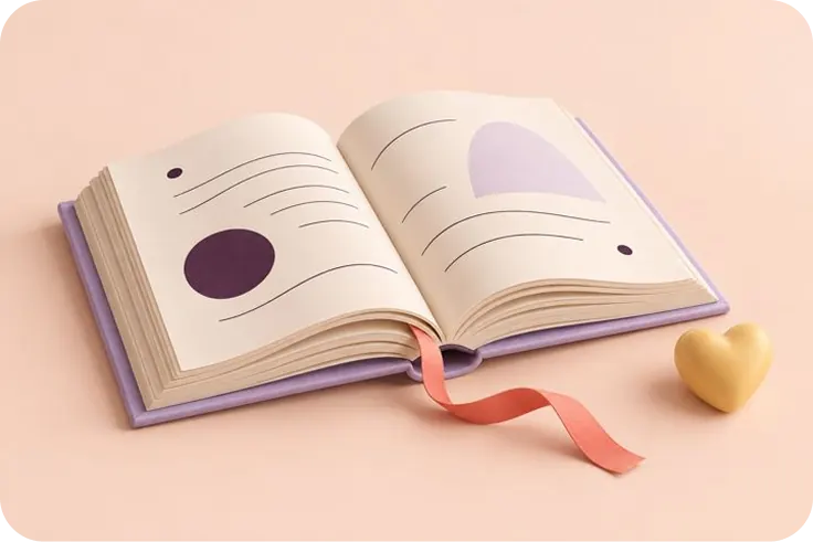 An open book with a coral ribbon bookmark and a small yellow heart beside it.
