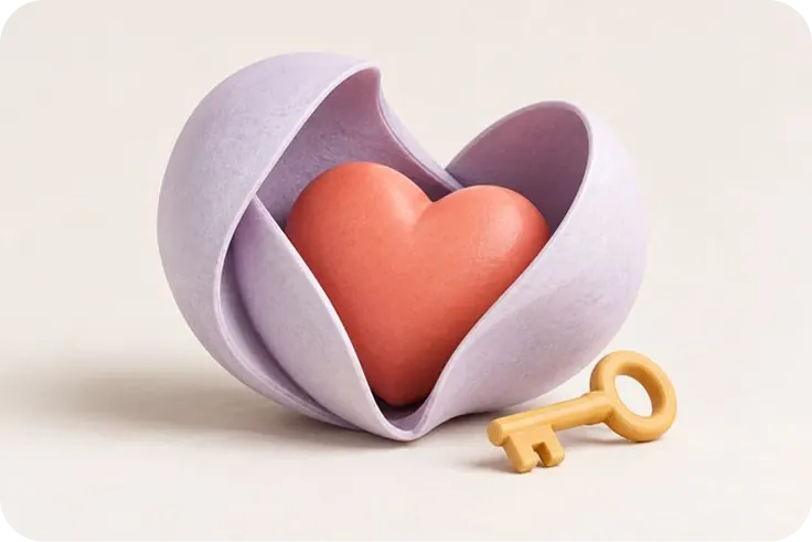 A coral heart held inside a lilac shell, with a small gold key beside it.