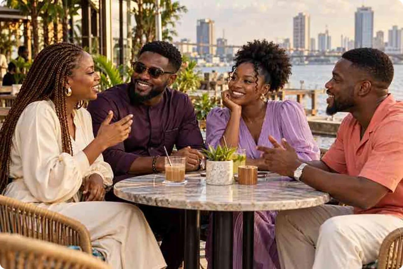 Two women and two men laughing together around a café table by the water, with a city skyline behind them.